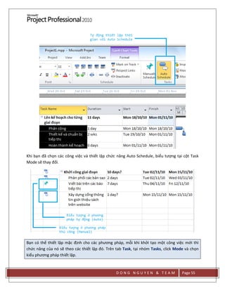 D O N G N G U Y E N & T E A M Page 55
Khi bạn đã chọn các công việc và thiết lập chức năng Auto Schedule, biểu tượng tại cột Task
Mode sẽ thay đổi.
Bạn có thể thiết lập mặc định cho các phương pháp, mỗi khi khởi tạo một công việc mới thì
chức năng của nó sẽ theo các thiết lập đó. Trên tab Task, tại nhóm Tasks, click Mode và chọn
kiểu phương pháp thiết lập.
 