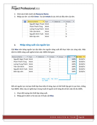 D O N G N G U Y E N & T E A M Page 68
2. Click vào ô bên dưới cột Resource Name.
3. Nhập các tên và nhấn Enter. Tại cột Initials là các chữ cái đầu tiên của tên.
2. Nhập năng suất của nguồn lực
Cột Max trên bảng nguồn lực đại diện cho nguồn năng suất để thực hiện các công việc. Mặc
định là 100% năng suất nghĩa là làm việc 100% thời gian.
Đối với nguồn lực mà bạn thiết lập theo kiểu kĩ năng, bạn có thể thiết lập giá trị cao hơn, chẳng
hạn 800%. Điều này có nghĩa bạn mong muốn 8 người có kĩ năng đó sẽ làm việc tối đa 100%.
1. Chọn đối tượng cần thiết lập năng suất.
2. Nhập giá trị (đơn vị %) vào các ô thuộc cột Max.
 