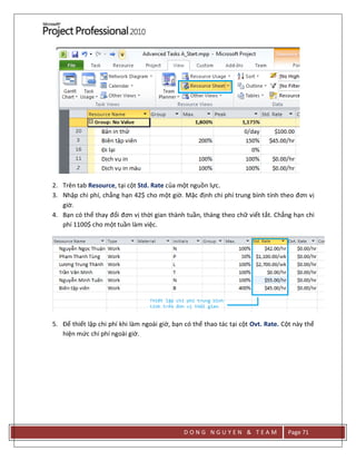 D O N G N G U Y E N & T E A M Page 71
2. Trên tab Resource, tại cột Std. Rate của một nguồn lực.
3. Nhập chi phí, chẳng hạn 42$ cho một giờ. Mặc định chi phí trung bình tính theo đơn vị
giờ.
4. Bạn có thể thay đổi đơn vị thời gian thành tuần, tháng theo chữ viết tắt. Chẳng hạn chi
phí 1100$ cho một tuần làm việc.
5. Để thiết lập chi phí khi làm ngoài giờ, bạn có thể thao tác tại cột Ovt. Rate. Cột này thể
hiện mức chi phí ngoài giờ.
 