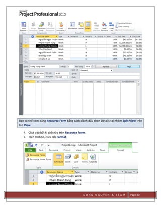 D O N G N G U Y E N & T E A M Page 80
Bạn có thể xem bảng Resource Form bằng cách đánh dấu chọn Details tại nhóm Split View trên
tab View.
4. Click vào bất kì chỗ nào trên Resource Form.
5. Trên Ribbon, click tab Format.
 