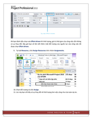 D O N G N G U Y E N & T E A M Page 91
Khi bạn đánh dấu chọn vào Effort driven thì thời lượng, giá trị thời gian của công việc vẫn không
có sự thay đổi. Bây giờ bạn sẽ liên kết thêm một đối tượng của nguồn lực vào công việc đã
được chọn Effort driven.
9. Tại tab Resource, click Assign Resources trên nhóm Assignments.
10. Chọn đối tượng và click Assign.
11. Lúc này bạn sẽ thấy có sự thay đổi về thời lượng làm việc cũng như của toàn dự án.
 