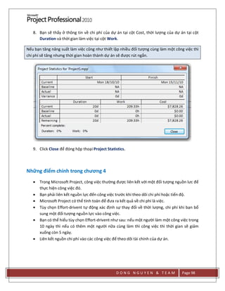 D O N G N G U Y E N & T E A M Page 98
8. Bạn sẽ thấy ở thông tin về chi phí của dự án tại cột Cost, thời lượng của dự án tại cột
Duration và thời gian làm việc tại cột Work.
Nếu bạn tăng năng suất làm việc cũng như thiết lập nhiều đối tượng cùng làm một công việc thì
chi phí sẽ tăng nhưng thời gian hoàn thành dự án sẽ được rút ngắn.
9. Click Close để đóng hộp thoại Project Statistics.
Những điểm chính trong chương 4
 Trong Microsoft Project, công việc thường được liên kết với một đối tượng nguồn lưc để
thực hiện công việc đó.
 Bạn phải liên kết nguồn lực đến công việc trước khi theo dõi chi phí hoặc tiến độ.
 Microsoft Project có thể tính toán để đưa ra kết quả về chi phí là việc.
 Tùy chọn Effort-drivent tự động xác định sự thay đổi về thời lượng, chi phí khi bạn bổ
sung một đối tượng nguồn lực vào công việc.
 Bạn có thể hiểu tùy chọn Effort-drivent như sau: nếu một người làm một công việc trong
10 ngày thì nếu có thêm một người nữa cùng làm thì công việc thì thời gian sẽ giảm
xuống còn 5 ngày.
 Liên kết nguồn chi phí vào các công việc để theo dõi tài chính của dự án.
 