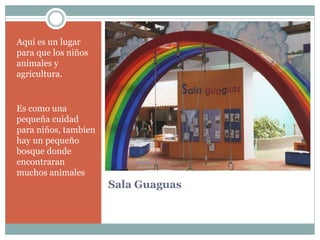 Sala Guaguas
Aquí es un lugar
para que los niños
animales y
agricultura.
Es como una
pequeña cuidad
para niños, tambien
hay un pequeño
bosque donde
encontraran
muchos animales
 