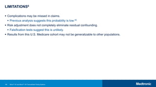106
LIMITATIONS6
 Complications may be missed in claims.
 Previous analysis suggests this probability is low.45
 Risk adjustment does not completely eliminate residual confounding.
 Falsification tests suggest this is unlikely.
 Results from this U.S. Medicare cohort may not be generalizable to other populations.
Micra™ AV and Micra™ VR Transcatheter Pacing Systems
 