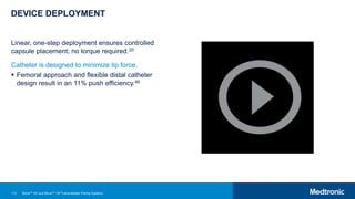 113
DEVICE DEPLOYMENT
Linear, one-step deployment ensures controlled
capsule placement; no torque required.20
Catheter is designed to minimize tip force.
 Femoral approach and flexible distal catheter
design result in an 11% push efficiency.46
Micra™ AV and Micra™ VR Transcatheter Pacing Systems
 