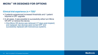 122
MICRA™ VR DESIGNED FOR OPTIONS
Clinical trial experience (n = 725)5
 2 patients experienced increased thresholds and 1 patient
required a CRT upgrade.
 In all cases, it was possible to successfully either turn Micra
VR OFF or retrieve the device.
 One Micra VR device was retrieved (17 days post-implant)
and replaced; two devices were turned OFF and
successfully replaced with transvenous systems.
Micra™ AV and Micra™ VR Transcatheter Pacing Systems
 