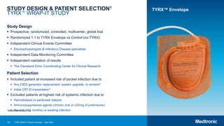 161 TYRX WRAP-IT Study Overview | May 2020
STUDY DESIGN & PATIENT SELECTION1
TYRX™ WRAP-IT STUDY
Study Design
 Prospective, randomized, controlled, multicenter, global trial
 Randomized 1:1 to TYRX Envelope vs Control (no TYRX)
 Independent Clinical Events Committee
 Electrophysiologists & Infectious Disease specialists
 Independent Data Monitoring Committee
 Independent validation of results
 The Cleveland Clinic Coordinating Center for Clinical Research
Patient Selection
 Included patient at increased risk of pocket infection due to
 Any CIED generator replacement, system upgrade, or revision*
 Initial CRT-D implantation*
 Excluded patients at highest risk of systemic infection due to
 Hemodialysis or peritoneal dialysis
 Immunosuppressive agents (chronic oral or ≥20mg of prednisone)
 Recent (<12 months) or existing infection
TYRX™ Envelope
*Medtronic CIEDs Only
 