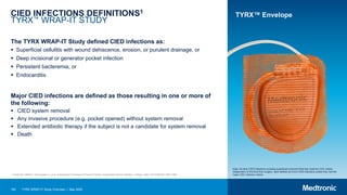 162 TYRX WRAP-IT Study Overview | May 2020
CIED INFECTIONS DEFINITIONS1
TYRX™ WRAP-IT STUDY
The TYRX WRAP-IT Study defined CIED infections as:
 Superficial cellulitis with wound dehiscence, erosion, or purulent drainage, or
 Deep incisional or generator pocket infection
 Persistent bacteremia, or
 Endocarditis
Major CIED infections are defined as those resulting in one or more of
the following:
 CIED system removal
 Any invasive procedure (e.g. pocket opened) without system removal
 Extended antibiotic therapy if the subject is not a candidate for system removal
 Death
TYRX™ Envelope
Note: All other CIED infections including superficial incisional SSIs that meet the CDC criteria,
independent of the time from surgery, were defined as minor CIED infections unless they met the
major CIED infection criteria.
1 Tarakji KG, Mittal S, Kennergren C, et al. Antibacterial Envelope to Prevent Cardiac Implantable Device Infection. N Engl J Med. 2019;380(20):1895-1905.
 
