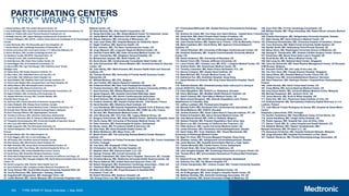 183 TYRX WRAP-IT Study Overview | May 2020
PARTICIPATING CENTERS
TYRX™ WRAP-IT STUDY
1. Edward Schloss, MD, The Lindner Research Center, US
2. Jose Gallastegui, MD, Clearwater Cardiovascular & Interventional Consultants, US
3. Robert A. Pickett, MD, Saint Thomas Research Institute LLC, US
4. Rudolph Evonich, MD, Upper Michigan Cardiovascular Associates, US
5. Francois Philippon, MD, IUCPQ - Institut Universitaire de Cardiologie et de Pneumologie,
Canada
6. Janet McComb, MD, The Newcastle upon Tyne Hospitals, UK
7. Steven Roark, MD, Cardiology Associates of Gainesville, US
8. Denise Sorrentino, MD, Iowa Heart Center, P.C. (West Des Moines), US
9. Darius Sholevar, MD, Lourdes Cardiology Services, US
10. Khaldoun Tarakji, MD MPH, Cleveland Clinic, US
11. Edmond Cronin, MD, Hartford Hospital, US
12. Brett Berman, MD, Chula Vista Cardiac Center, US
13. David Riggio, MD, AZ Arrhythmia Consultants, US
14. Mauro Biffi, MD / Igor Diemberger, MD, Policlinico Sant' Orsola,
Malpighi, Italy
15. Hafiza Khan, MD, Baylor Research Institute, US
16. Marc Silver, MD, WakeMed Heart and Vascular, US
17. Jack Collier, MD, Oklahoma Heart Hospital, US
18. Zayd Eldadah, MD, MedStar Heart and Vascular Institute, US
19. David Justin Wright, MD, Liverpool Heart and Chest Hospital, UK
20. JoEllyn Moore, MD, Minneapolis Heart Institute, US
21. Kamel Addo, MD, Mount Carmel East, US
22. R. Chris Jones, MD, Centennial Heart Cardiovascular Consultants, US
23. Robert Schaller, MD, University of Pennsylvania, US
24. Joaquin Martinez-Arraras, MD / Ismaile Abdalla, MD,
Amarillo Heart Group, US
25. Ziad Issa, MD, Prairie Education & Research Cooperative, US
26. Calum Redpath, MD, Ottawa Heart Institute, Canada
27. Jean Moubarak, MD, Hamot Medical Center / Medicor Associates, US
28. Surinder Kaur Khelea, MD, Institute Jantung Negara, Malaysia
29. Berit Thornvig Philbert, MD, Rigshospitalet, Denmark
30. Timothy A.Simmers, MD, Catharina Ziekenhuis, Netherlands
31. Lucas V.A. Boersma, MD, St. Antonius Ziekenhuis, Netherlands
32. Panagiotis Korantzopoulos, MD, University Hospital of Ioannina, Greece
33. John Love, MD, Maine Medical Center, US
34. Ralph Augostini, MD, The Ohio State University, US
35. Havard Keilegavlen, MD / Svein Faerestrand, MD, Haukeland Universitetssjukehus,
Norway
36. Suneet Mittal, MD, The Valley Hospital, US
37. Scott Wiggins, MD, Ark-La-Tex Cardiology, US
38. Jeff Healey, MD, Hamilton General Hospital, Canada
39. Brian Ramza, MD, Mid America Heart Institute, US
40. Riple Hansalia, MD, Jersey Shore University Medical Center, US
41. Chad Brodt, MD / Paul Wang, MD, Stanford Hospital & Clinics, US
42. Attila Mihalcz, MD, Universitatsklinikum Krems, Austria
43. Daniel Gras, MD, Nouvelles Cliniques Nantaises, France
44. Ulrika Maria Birgersdotter-Green, MD, University of California San Diego, US
45. Ethan Fruechte, MD / Douglas Hodgkin, MD, North Memorial Health Heart & Vascular
Center, US
46. Daniel Lustgarten, MD, Fletcher Allen Health Care, US
47. Gery Tomassoni, MD, Lexington Cardiac Research Foundation, US
48. Fozia Ahmed, MD, Central Manchester University Hospital NHS, UK
49. Cecilia Rorsman, MD, Sjukhuset i Varberg, Sweden
50. Pugazhendhi Vijayaraman, MD, Geisinger Clinic, US
51. Judith Mackall, MD / Harish Manyam, MD, University Hospitals Case
Medical Center, US
52. Allan Nichols, MD, Ohio Health Corporation, US
53. Serge David Bar-Lev, MD, Sheba Medical Center Tel Hashomer, Israel
54. James Merrill, MD, Wellmont CVA Heart Institute, US
55. Wayne Adkisson, MD, University of Minnesota, US
56. Juan José Olalla, MD, Hospital Marques de Valdecilla, Spain
57. Nagib Chalfoun, MD, Spectrum Health, US
58. Eric Johnson, MD, The Stern Cardiovascular Center, US
59. Jorge Massare, MD, Longview Regional Medical Center, US
60. Camille-Frazier Mills, MD, Duke University Medical Center, US
61. John Chenarides, MD, Allegheny General Hospital, US
62. Mohammad Jazayeri, MD, Bellin Health, US
63. Kevin Boran, MD, Cardiovascular Consultants Heart Center, US
64. John Schoenhard, MD / Simon Milstein, MD, CentraCare Heart & Vascular
Center, US
65. John Bailey, MD / Mark Kremers, MD, Novant Health Heart and Vascular
Institute, US
66. Thomas Burkart, MD, University of Florida Health Sciences Center
Gainesville, US
67. Wilfried Mullens, MD, ZOL, Belgium
68. Jay Franklin, MD, Baylor Research Institute, US
69. Frederick Ehlert, MD, New York Presbyterian Hospital, US
70. Charles Henrikson, MD, Oregon Health & Science University (OHSU), US
71. Ilana Kutinsky, MD, William Beaumont Hospital, US
72. Ignasi Anguera, MD, Hospital Universitari Bellvitge, Spain
73. Michael Springer, MD, Norton Cardiovascular Associates
74. Grant Simons, MD, Englewood Hospital & Medical Center, US
75. Frederic Anselme, MD, Hopital Charles Nicolle - CHU Rouen, France
76. David Sandler, MD, Oklahoma Heart Institute, US
77. Luca Bontempi, MD Azienda Ospedaliera Spedali Civili di Brescia, Italy
78. Laurence Marie-Pierre Guedon-Moreau, MD, CHRU de Lille, France
79. Sei Iwai, MD, Westchester Medical Center, US
80. John McAnulty, MD / Eric Putz, MD, Legacy Medical Group, US
81. Gregory Golovchiner, MD, Rabin Medical Center - Beilinson Hospital, Israel
82. David Juang, MD, University of Rochester Medical Center, US
83. Peter Ammann, MD, Kantonsspital St.Gallen, Switzerland
84. Randy Jones, MD, Providence Health & Services, US
85. Allan Katz, MD, Saint Elizabeth Health Center, US
86. Malini Madhavan, MD, Mayo Clinic, US
87. Martin Emert, MD, The University Kansas Medical Center Research
Institute, US
88. António Cãndido de Freitas Fernandes Hipólito Reis, MD, Centro Hospitalar
do Porto, Portugal
89. Tina Salo, MD, Sisataudit TYKS, Finland,
90. Christopher Cole, MD, Penrose Hospital, US
91. Stephen Keim, MD, Delmarva Heart, LLC, US
92. George Thomas, MD, Cornell University, US
93. Chanta Chakrabarti, MD, Saint Paul’s Hospital, Vancouver, BC, Canada
94. Christina Murray, MD, Oklahoma University Health Science Center, US
95. Pierce Vatterott, MD, United Heart and Vascular Clinic, US
96. Robert Sangrigoli, MD, Doylestown Cardiology Associates – VIAA, US
97. Theofanie Mela, MD, Massachusetts General Hospital, US
98. Mark John Mason, MD, Royal Brompton & Harefield NHS
Foundation Trust, UK
99. Robert Winslow, MD, Danbury Hospital, US
100. Shang-Chiun Lee, MD, Mercy Hospital Springfield, US
101. Przemyslaw Mitkowski, MD, Szpital Kliniczny Przemienienia Panskiego,
Poland
102. Antoine Da Costa, MD, Cen Hosp Univ Saint Etienne - Hopital Nord, France
103. Girish Nair, MD, Saint Vincent Heart Center of Indiana, US
104. Westby Fisher, MD, NorthShore University Health System, US
105. Jean-Claude Deharo, MD, Hopital de la Timone - CHU de Marseille, France
106. Mark Castellani, MD / David Rhine, MD, Sparrow Clinical Research
Institute, US
107. Hamid Ghanbari, MD, University of Michigan Cardiovascular Center, US
108. Gautham Kalahasty, MD, Virginia Commonwealth University Medical
Center, US
109. Daniel Anderson, MD, University of Nebraska, US
110. Daniel Frisch, MD, Thomas Jefferson University, US
111. Larry Chinitz, MD / Charles Love, MD, NYU – Langone Medical Center, US
112. Andrew Rubin, MD, Eisenhower Medical Center, US
113. Timothy Lessmeier, MD, Heart Clinics Northwest, P.S., US
114. Steven Compton, MD, Alaska Heart Institute, US
115. Mark Mitchell, MD, Forsyth Medical Center, US
116. Katherine Fan, MD, Grantham Hospital, Hong Kong
117. Saeed Bandar Al Ghamdi, MD, King Faisal Specialist Hospital, Saudi
Arabia
118. Gabriela Kaliska, MD, Stredoslovensky Ustav srdcovych a cievnych
chorob (SUSCCH), Slovakia
119. Peter Margitfalvi, MD, NUSCH a.s. Bratislava, Slovakia
120. Glenn Meininger, MD, MedStar Health Research Institute, US
121. Aamir Cheema, MD, Saint Mary's Medical Center, US
122. Maria Grazia Bongiorni, MD, Azienda Ospedaliero Univ Pisana -
Stabilimento di Cisanello, Italy
123. Jeffrey Luebbert, MD, Pennsylvania Hospital, US
124. Michael Pelini, MD, Northeast Ohio Cardiovascular Specialists, US
125. Silvia Misikova, MD, VUSCH, Slovakia
126. Jerome Kuhnlein, MD, Great Lakes Heart & Vascular Institute, PC, US
127. Robert Schweikert, MD, Akron General Medical Center, US
128. Jean-Manuel Herzet, MD, CHR La Citadelle, Belgium
129. Stefano Pedretti, MD, Presidio Ospedaliero Sant Anna, Italy
130. Byron Lee, MD, University of California San Francisco, US
131. Peter Santucci, MD, Loyola University Medical Center, US
132. Jonas Hörnsten, MD, Karolinska Universitetssjukhuset, Sweden
133. Samir Saba, MD / Evan Adelstein, MD / Stuart Mendenhall, MD,
University of Pittsburgh Medical Center
134. Ngai-Yin Chan, MD, Princess Margaret Hospital, Hong Kong
135. Shabbar Jamaly, MD, Sahlgrenska Universitetssjukhuset, Sweden
136. Javier Moreno, MD, Hospital Universitario Ramon y Cajal, Spain
137. Tiziano Moccetti, MD, Cardio Centro Ticino, Switzerland
138. Paresh Shah, MD, Sinai Hospital of Baltimore, US
139. John Douglas Pappas, MD, Cardiology Associates of Corpus Christi, US
140. Thomas Blum, MD, Universitaets-Herzzentrum Freiburg Bad Krotzingen,
Germany
141. Etienne Pruvot, MD, CHUV - University Hospital, Switzerland
142. Anthony Chu, MD, The Miriam Hospital, US
143. Chetan Gangireddy, MD / Joshua Cooper, MD, Temple University Hospital,
US
144. Walter Chien, MD, Saint Joseph’s Medical Center, US
145. Ali Al-Mugamgha, MD, Saint Joseph's Hospital Health Center, US
146. Matthew Smelley, MD, Asheville Cardiology Associates, PA, US
147. Heath Saltzman, MD, Drexel University College of Medicine, US
148. Arun Kolli, MD, Tri-City Cardiology Consultants, US
149. William Kostis, MD / Sluja Amardeep, MD, Robert Wood Johnson Medical
School, US
150. Charles Kennergren, MD, Sahlgrenska University Hospital, Sweden
151. Rajiv Handa, MD, Saint Anthony’s Medical Center, US
152. Emmanuel Simantirakis, MD, University Hospital of Heraklion, Greece
153. Tony Simmons, MD, Wake Forest University Health System, US
154. Randel Smith, MD, Hattiesburg Clinic/Forrest General, US
155. Marye Gleve, MD, Washington University School of Medicine, US
156. George N. Theodorakis, MD, Onassis Cardiac Surgery Center, Greece
157. Emad Aziz, MD, Mount Sinai Saint Luke’s Hospital, US
158. Scott Burke, MD, St. Mary’s Medical Center, US
159. Kah Leng Ho, MD, National Heart Center, Singapore
160. Carlo De Asmundis, MD, Heart Rhythm Management Centre, UZ Brussels
VUB Brussel, Belgium
161. Kenneth Civello, MD, Our Lady of the Lake, US
162. Tan Vern Hsen, MD, Changi General Hospital, Singapore
163. Darryl Wells, MD, Swedish Medical Center Cherry Hill, US
164. Hüseyin Ince, MD, Universitatsklinikum Rostock, Germany
165. Sami Pakarinen, MD, Helsingin Seudun Yliopistollinen Keskussairaala,
Finland
166. Jodie Hurwitz, MD, North Texas Heart Center, US
167. Vinay Mehta, MD, Aurora BayCare Medical Center, US
168. Imra Zainal Abidin, MD, Universiti Malaya Medical Centre, Malaysia
169. Michael Osayamen, MD, Jackson Clinic, US
170. Javier Banchs, MD, Scott & White Hospital, US
171. Kelly Kim, MD, SCL Physicians Heart Institute of Colo, US
172. Andrzej Kutarski, MD, Samodzielny Publiczny Szpital Kliniczny nr 4 w
Lublinie, Poland
173. João Manuel Frazão Rodrigues de Sousa, MD, Hospital de Santa Maria-
Centro
Hospitalar Lisboa Norte, EPE, Portugal
174. Senthil Tambidorai, MD, Plaza Medical Center of Fort Worth, US
175. James Sandberg, MD, Lehigh Valley Hospital, US
176. Rubén Aguayo, MD, Hospital San Juan de Dios, Chile
177. Darren Traub, MD, St. Lukes Hospital and Health Network, US
178. Siddarth Mukerji, MD / Rajesh Venaktaraman, MD /
Ramesh Hariharan, MD, EP Heart LLC, US
179. Saravanan Krishinan, MD, Hospital Sultanah Bahiyah, Malaysia
180. Jorge Silvestre, MD, Hospital Universitario La Paz, Spain
181. Vladimir Rankovic, MD, Florida Electrophysiology Associates, US
 