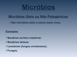 Micróbios Micróbios Úteis ou Não Patogénicos São micróbios úteis a outros seres vivos; Exemplos: Bactérias da flora intestinal; Bactérias lácteas; Leveduras (fungos unicelulares); Fungos; 