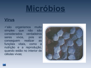 Micróbios Vírus são organismos muito simples que não são considerados verdadeiros seres vivos, pois só conseguem realizar as funções vitais, como a nutrição e a reprodução, quando estão no interior de células vivas; 