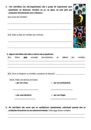 1. «Os micróbios (ou microrganismos) são o grupo de organismos mais
espalhados na Natureza. Existem no ar, na água, no solo pelo que
contactam directamente com o Homem.»
1.1. O que são micróbios?
_____________________________________________________________________
_____________________________________________________________________
1.2. Indica os tipos de micróbios que conheces.
_____________________________________________________________________
_____________________________________________________________________
2. Alguns micróbios são úteis e outros são prejudiciais.
2.1. Refere dois exemplos demonstrativos da utilidade dos micróbios.
____________________________________________________________________________________
____________________________________________________________________________________
____________________________________________________________________________________
2.2. Como se designam os micróbios causadores de doenças? ________________________________
2.2.1. Indica uma doença provocada:
por um vírus.
______________________
por uma bactéria.
__________________
 por um protozoário.
___________________
 por um fungo.
________________________
3. Os micróbios são seres que se multiplicam rapidamente, sobretudo quando têm as
condições favoráveis ao seu desenvolvimento. Indica duas dessas condições.
___________________________________________________________________________________
___________________________________________________________________________________
 