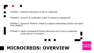 MICROCREDS: OVERVIEW
STRAND 1: National Framework for Micro-credentials
STRAND 2: Dynamic & sustainable model of enterpris...