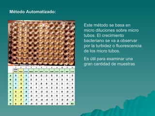 Método Automatizado: Este método se basa en micro diluciones sobre micro tubos. El crecimiento bacteriano se va a observar por la turbidez o fluorescencia de los micro tubos. Es útil para examinar una gran cantidad de muestras  