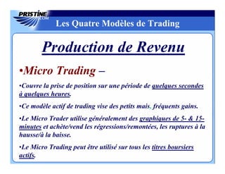 Les Quatre Modèles de Trading

        Production de Revenu
•Micro Trading –
•Couvre la prise de position sur une période de quelques secondes
à quelques heures.
•Ce modèle actif de trading vise des petits mais, fréquents gains.
•Le Micro Trader utilise généralement des graphiques de 5- & 15-
minutes et achète/vend les régressions/remontées, les ruptures à la
hausse/à la baisse.
•Le Micro Trading peut être utilisé sur tous les titres boursiers
actifs.
 