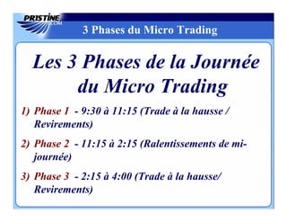 3 Phases du Micro Trading

  Les 3 Phases de la Journée
       du Micro Trading
1) Phase 1 - 9:30 à 11:15 (Trade à la hausse /
   Revirements)
2) Phase 2 - 11:15 à 2:15 (Ralentissements de mi-
   journée)
3) Phase 3 - 2:15 à 4:00 (Trade à la hausse/
   Revirements)
 