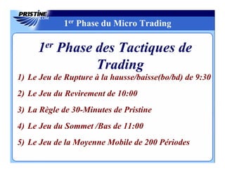 1er Phase du Micro Trading

     1er Phase des Tactiques de
               Trading
1) Le Jeu de Rupture à la hausse/baisse(bo/bd) de 9:30
2) Le Jeu du Revirement de 10:00
3) La Règle de 30-Minutes de Pristine
4) Le Jeu du Sommet /Bas de 11:00
5) Le Jeu de la Moyenne Mobile de 200 Périodes
 