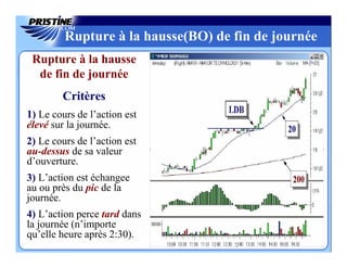Rupture à la hausse(BO) de fin de journée
 Rupture à la hausse
  de fin de journée
        Critères
1) Le cours de l’action est
élevé sur la journée.
2) Le cours de l’action est
au-dessus de sa valeur
d’ouverture.
3) L’action est échangee
au ou près du pic de la
journée.
4) L’action perce tard dans
la journée (n’importe
qu’elle heure après 2:30).
 