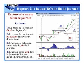 Rupture à la hausse(BO) de fin de journée
 Rupture à la hausse
  de fin de journée
        Critères
1) Le cours de l’action est
élevé sur la journée.
2) Le cours de l’action est
au-dessus de sa valeur
d’ouverture.
3) L’action est échangée
au ou près du pic de la
journée.
4) L’action perce tard dans
la journée (n’importe
qu’elle heure après 2:30).
 