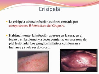 Erisipela
 La erisipela es una infección cutánea causada por
estreptococos B hemolítico del Grupo A.
 Habitualmente, la infección aparece en la cara, en el
brazo o en la pierna, y a veces comienza en una zona de
piel lesionada. Los ganglios linfaticos comienzan a
Incharse y suele ser doloroso.
 