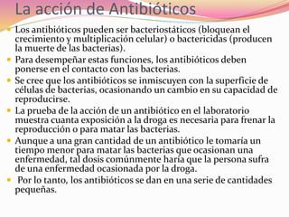 La acción de Antibióticos
 Los antibióticos pueden ser bacteriostáticos (bloquean el
crecimiento y multiplicación celular) o bactericidas (producen
la muerte de las bacterias).
 Para desempeñar estas funciones, los antibióticos deben
ponerse en el contacto con las bacterias.
 Se cree que los antibióticos se inmiscuyen con la superficie de
células de bacterias, ocasionando un cambio en su capacidad de
reproducirse.
 La prueba de la acción de un antibiótico en el laboratorio
muestra cuanta exposición a la droga es necesaria para frenar la
reproducción o para matar las bacterias.
 Aunque a una gran cantidad de un antibiótico le tomaría un
tiempo menor para matar las bacterias que ocasionan una
enfermedad, tal dosis comúnmente haría que la persona sufra
de una enfermedad ocasionada por la droga.
 Por lo tanto, los antibióticos se dan en una serie de cantidades
pequeñas.
 