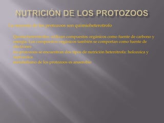 La mayoría de los protozoos son quimioheterotrofo
Quimioheterótrófos: utilizan compuestos orgánicos como fuente de carbono y
energía. Los compuestos orgánicos también se comportan como fuente de
electrones
los protozoos se encuentran dos tipos de nutrición heterótrofa: holozoica y
saprozoica
metabolismo de los protozoos es anaerobio

 