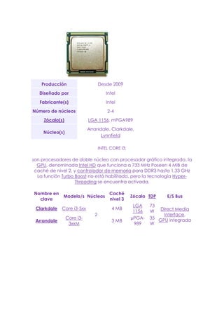 Producción Desde 2009
Diseñado por Intel
Fabricante(s) Intel
Número de núcleos 2-4
Zócalo(s) LGA 1156, mPGA989
Núcleo(s)
Arrandale, Clarkdale,
Lynnfield
INTEL CORE I3:
son procesadores de doble núcleo con procesador gráfico integrado, la
GPU, denominada Intel HD que funciona a 733 MHz Poseen 4 MiB de
caché de nivel 2, y controlador de memoria para DDR3 hasta 1,33 GHz
La función Turbo Boost no está habilitada, pero la tecnología Hyper-
Threading se encuentra activada.
Nombre en
clave
Modelo/s Núcleos
Caché
nivel 3
Zócalo TDP E/S Bus
Clarkdale Core i3-5xx
2
4 MB
LGA
1156
73
W Direct Media
Interface,
GPU integradaArrandale
Core i3-
3xxM
3 MB
µPGA-
989
35
W
 
