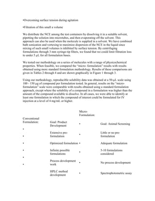 •Overcoming surface tension during agitation
•Filtration of this small a volume
We distribute the NCE among the test containers by dissolving it in a suitable solvent,
pipetting the solution into microtubes, and then evaporating off the solvent. This
approach can also be used when the molecule is supplied in a solvent. We have combined
bath sonication and vortexing to maximize dispersion of the NCE in the liquid since
mixing of such small volumes is inhibited by surface tension. By centrifuging
formulations through 3 mm syringe-tip filters, we found that we could limit filtration loss
to under 5 µL for all formulation bases.
We tested our methodology on a series of molecules with a range of physicochemical
properties. When feasible, we compared the “micro- formulation” results with results
obtained using more standard formulation methodology. Results of these comparisons are
given in Tables 2 through 4 and are shown graphically in Figure 1 through 3.
Using our methodology, reproducible solubility data was obtained at a 50-µL scale using
100 - 150 µg of compound per formulation tested. In general, results on the “micro-
formulation” scale were comparable with results obtained using a standard formulation
approach, except where the solubility of a compound in a formulation was higher than the
amount of the compound available to dissolve. In all cases, we were able to identify at
least one formulation in which the compound of interest could be formulated for IV
injection at a level of 4 mg/mL or higher.
Conventional
Formulation:
•
•
•
•
•
•
Micro-
Formulation:
Goal: Product
Development
• Goal: Animal Screening
Extensive pre-
formulation
•
Little or no pre-
formulation
Optimized formulation • Adequate formulation
Infinite possible
formulations
•
5-10 formulations
considered
Process development
work
• No process development
HPLC method
development
• Spectrophotometric assay
 