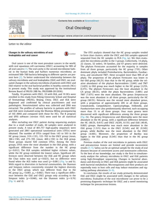 Letter to the editor
Changes in the salivary microbiota of oral
leukoplakia and oral cancer
Oral cancer is one of the most prevalent cancers in the world,
with oral squamous cell carcinoma (OSCC) accounting for 90% of
all oral cancers [1]. The oral cavity is the second microbiome habi-
tat in the human body and harbors numerous microbiota; an
estimated 500–700 bacteria belonging to different species are pre-
sent here [2]. To better understand the relationship between the
salivary microbiota and oral leukoplakia (OLK) and OSCC, we eval-
uated changes in the salivary microbiota of patients with OSCC and
OLK relative to the oral bacterial proﬁles in healthy controls (HCs)
in present study. This study was approved by the Institutional
Review Board of PKUSS (IRB No. PKUSSIRB-2012036).
Totally, 16 patients with OSCC, 10 with OLK, and 19 HCs were
enrolled in this study from Peking University School and Hospital
of Stomatology (PKUSS), Beijing, China. OSCC and OLK were
diagnosed and conﬁrmed by clinical practitioners and oral
pathologists. Nonstimulated saliva was collected and DNA was
extracted. The proﬁles of salivary bacteria in patients with OSCC
and OLK were evaluated using the Illumina MiSeq prosequencing
of 16S rRNA and compared with those for HCs. The R program
and SPSS software (version 19.0) were used for all statistical
analyses.
After excluding one OSCC patient during sequencing analysis
due to a small number of reads, 44 samples were analyzed in
present study. A total of 401,757 high-quality sequences were
generated and 2861 operational taxonomical units (OTUs) were
obtained. The number of OTUs ranged from 143 to 593 in the
HC group (mean, 319 ± 135), 122–702 in the OSCC group (mean,
386 ± 158), and 275–705 (mean, 469 ± 150) in the OLK group.
Three groups shared 920 common OTUs. Among the three
groups, OTUs were the most abundant in the OLK group, with a
signiﬁcant difference from the number in the HC group
(p = 0.012). The OLK samples exhibited higher richness values,
while the HC group exhibited the lowest values. Signiﬁcant dif-
ferences were observed between the OLK and HC groups when
the Chao index was used (p = 0.023), but no difference were
found when the ACE index was used (p = 0.081) (Fig. 1a and b).
With regard to diversities in bacterial communities, the Shannon
and Simpson indices consistently revealed the highest diversity
in the OSCC group, which was different from that in the
HC group (psh = 0.001, psi = 0.002). There was a signiﬁcant differ-
ence between the OLK and OSCC groups only according to the
Simpson index (p = 0.046), not the Shannon index (p = 0.76)
(Fig. 1c and d).
The OTU analysis showed that the HC group samples tended
to form close clusters, while the OSCC and OLK samples appeared
separated from the HC samples in PCA (Fig. 2a). We then evalu-
ated the microbiota proﬁle in the 3 groups. Collectively, 14 phyla,
22 classes, 32 orders, 54 families, and 67 genera were detected.
The phylum Firmicutes accounted for the majority in samples
from all three groups, particularly the HC group (73%). Other
dominant phyla included Proteobacteria, Bacteroidetes, Fusobac-
teria, and uncultured TM7; these occupied more than 90% of all
phyla. The proportion of the phylum Firmicutes was lower in
the OLK group (66.2%) than that in the HC group, while the rel-
ative abundance of the phylum Bacteroidetes (2.84%) and TM7
(3.42%) in OLK group was much higher in the HC group (2.25%,
0.37%). The phylum Firmicutes was the least abundant in the
CA group (60.3%), while the phyla Bacteroidetes (3.88%) and
TM7 (7.67%) were the most abundant. The genus Streptococcus
was the most abundant in all three groups, particularly the HC
group (60.5%). Neisseria was the second most abundant genus,
with a proportion of approximately 20% in all three groups.
Granulicatella, Campylobacter, Capnocytophaga, Veillonella, and
Fusobacterium were also predominantly observed, each occupying
more than 1% in all three groups. Four main genera were
discovered with signiﬁcant differences among the three groups
(Fig. 2b). The genera Streptococcus and Abiotrophia were the most
abundant in the HC group, with a signiﬁcant difference between
the HC (60.5%, 0.41%) and OSCC (42.8%, 0.15%) and OLK (49.4%,
0.06%) groups. Haemophilus was much more abundant in the
OLK group (1.51%) than in the OSCC (0.54%) and HC (0.34%)
groups, while Bacillus was the most abundant in the OSCC
group (4.44%). Moreover, the proportion of Bacillus was
higher in the OLK group (0.34%) than that in the HC group
(0.002%).
Previous studies of the oral microbiota in patients with OSCC
and precancerous lesions are limited and provide inconsistent
results [3–5]. Saliva can be an optimal sample for the study of oral
diseases because of convenient access and noninvasive collection.
To the best of our knowledge, our study is the ﬁrst to simultane-
ously analyze the salivary microbiota in OSCC and OLK patients
using high-throughput sequencing. Changes in bacterial abun-
dance and diversity in OSCC and OLK patients might be associated
with bacterial metabolism. Microorganisms and their products are
reportedly toxic to host cells and may induce mutations and sig-
naling pathway alterations [6–9].
In conclusion, the results of our study primarily demonstrated
OLK and OSCC might be associated with changes in the salivary
microbiota. Evaluation of the oral microbiome can prove to be a
promising diagnostic technique for OSCC and a novel monitoring
technique for precancerous lesions.
http://dx.doi.org/10.1016/j.oraloncology.2016.03.007
1368-8375/Ó 2016 Elsevier Ltd. All rights reserved.
Oral Oncology 56 (2016) e6–e8
Contents lists available at ScienceDirect
Oral Oncology
journal homepage: www.elsevier.com/locate/oraloncology
 