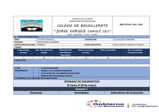 REPÚBLICA DEL ECUADOR
MINISTERIO DE EDUCACIÓN
COLEGIO DE BACHILLERATO
“JORGE ENRIQUE CHAVEZ CELI”
Jumón - Santa Rosa – El Oro – Ecuador
AÑO LECTIVO: 2022 - 2023
1. DATOS INFORMATIVOS:
ÁREA: ESTUDIOS SOCIALES ASIGNATURA: EDUCACION CIUDADANA
DOCENTE: MAYRA PEREZ GUERRERO
GRUPO/GRADO/CURSO PRIMERO NIVEL EDUCATIVO BACHILLERATO CIENCIAS Y TÉCNICO
TIEMPO:
Carga horaria
semanal
Nro. De semana de
trabajo
Evaluación del
aprendizaje e
imprevistos
Total, de semanas
de clase
Total, de periodos Nro. de unidades
microcurriculares
2 10 2 10 20 1
2.OBJETIVOS:
3. EJES
TRASVERSALES
 La interculturalidad
 Respeto a las variedades lingüísticas
 La formación de una ciudadanía democrática
 Respeto hacia las opiniones diversas
4. DESARROLLO DE UNIDADES DE PLANIFICACIÓN
SEMANAS DE DIAGNOSTICO
(9 hasta el 20 de mayo)
Semana 1
Destrezas Actividades Indicadores de Evaluación
 
