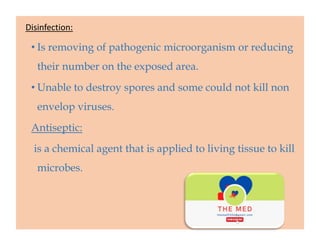 Factors affects disinfection action:
•Type of disinfection.
•Concentration of disinfectant.
•Type of microorganism.
•Numbe...