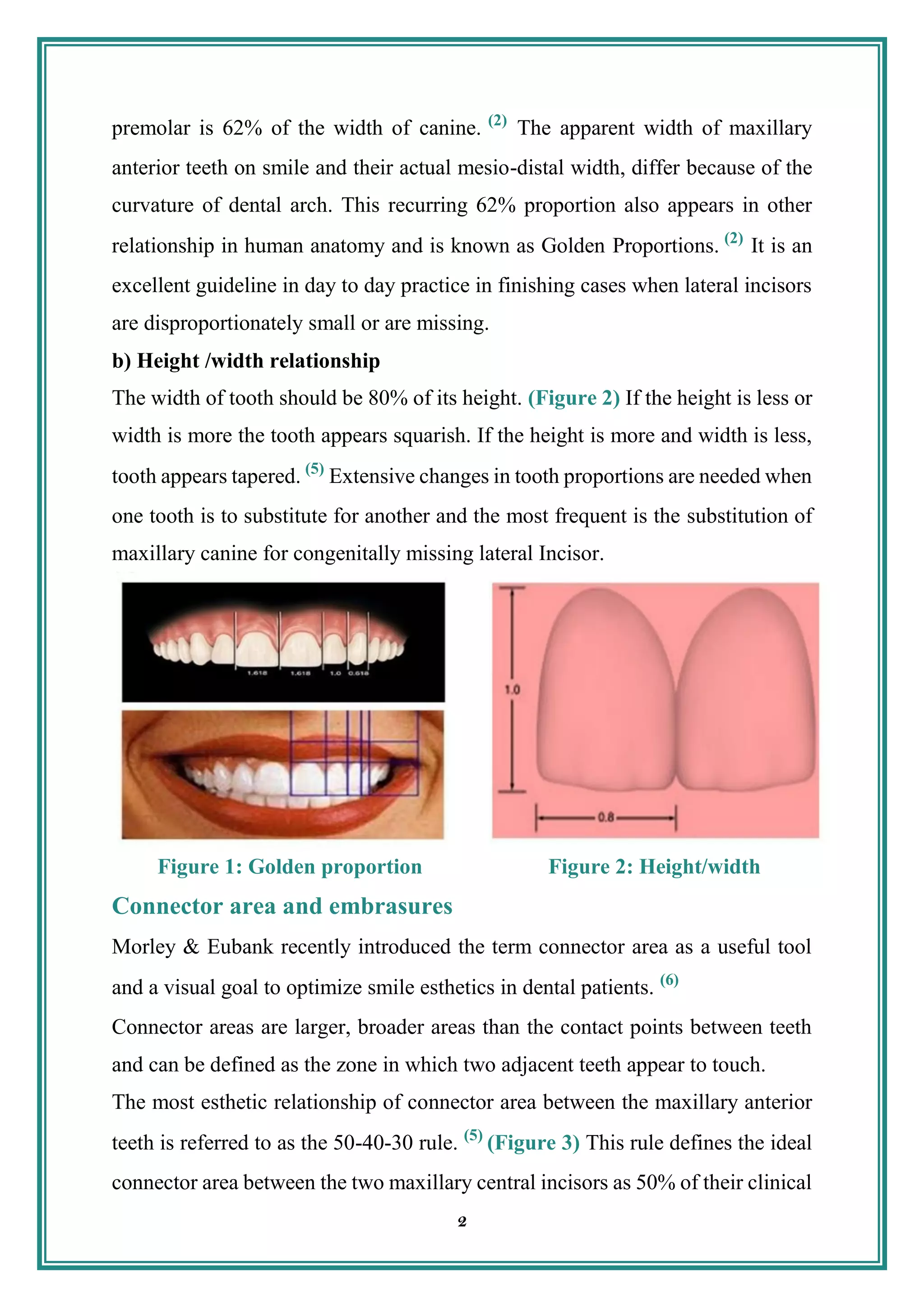 2
premolar is 62% of the width of canine. (2)
The apparent width of maxillary
anterior teeth on smile and their actual mesio-distal width, differ because of the
curvature of dental arch. This recurring 62% proportion also appears in other
relationship in human anatomy and is known as Golden Proportions. (2)
It is an
excellent guideline in day to day practice in finishing cases when lateral incisors
are disproportionately small or are missing.
b) Height /width relationship
The width of tooth should be 80% of its height. (Figure 2) If the height is less or
width is more the tooth appears squarish. If the height is more and width is less,
tooth appears tapered. (5)
Extensive changes in tooth proportions are needed when
one tooth is to substitute for another and the most frequent is the substitution of
maxillary canine for congenitally missing lateral Incisor.
Connector area and embrasures
Morley & Eubank recently introduced the term connector area as a useful tool
and a visual goal to optimize smile esthetics in dental patients. (6)
Connector areas are larger, broader areas than the contact points between teeth
and can be defined as the zone in which two adjacent teeth appear to touch.
The most esthetic relationship of connector area between the maxillary anterior
teeth is referred to as the 50-40-30 rule. (5)
(Figure 3) This rule defines the ideal
connector area between the two maxillary central incisors as 50% of their clinical
Figure 2: Height/width
proportion
Figure 1: Golden proportion
 