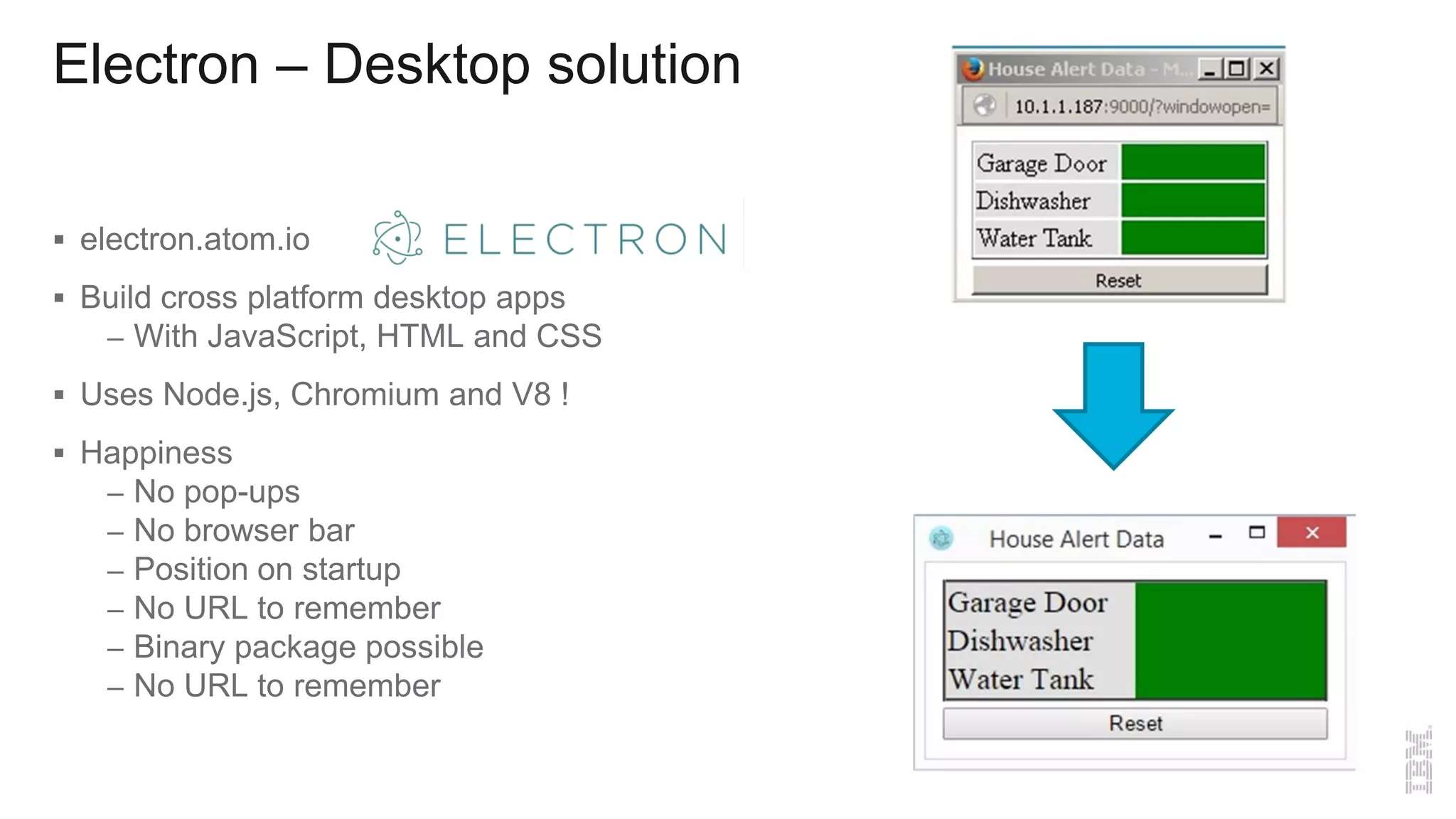 Electron – Desktop solution
 electron.atom.io
 Build cross platform desktop apps
– With JavaScript, HTML and CSS
 Uses Node.js, Chromium and V8 !
 Happiness
– No pop-ups
– No browser bar
– Position on startup
– No URL to remember
– Binary package possible
– No URL to remember
 