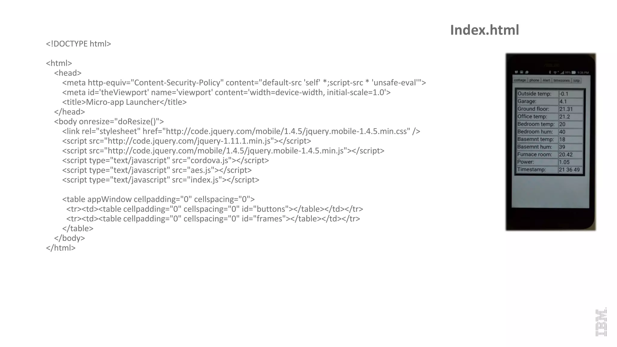 <!DOCTYPE html>
<html>
<head>
<meta http-equiv="Content-Security-Policy" content="default-src 'self' *;script-src * 'unsafe-eval'">
<meta id='theViewport' name='viewport' content='width=device-width, initial-scale=1.0'>
<title>Micro-app Launcher</title>
</head>
<body onresize="doResize()">
<link rel="stylesheet" href="http://code.jquery.com/mobile/1.4.5/jquery.mobile-1.4.5.min.css" />
<script src="http://code.jquery.com/jquery-1.11.1.min.js"></script>
<script src="http://code.jquery.com/mobile/1.4.5/jquery.mobile-1.4.5.min.js"></script>
<script type="text/javascript" src="cordova.js"></script>
<script type="text/javascript" src="aes.js"></script>
<script type="text/javascript" src="index.js"></script>
<table appWindow cellpadding="0" cellspacing="0">
<tr><td><table cellpadding="0" cellspacing="0" id="buttons"></table></td></tr>
<tr><td><table cellpadding="0" cellspacing="0" id="frames"></table></td></tr>
</table>
</body>
</html>
Index.html
 