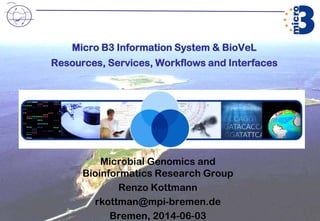 Micro B3 Information System & BioVeL
Resources, Services, Workflows and Interfaces
Microbial Genomics and
Bioinformatics Research Group
Renzo Kottmann
rkottman@mpi-bremen.de
Bremen, 2014-06-03
 