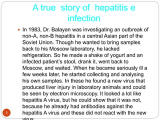A true story of hepatitis e
infection
3
 In 1983, Dr. Balayan was investigating an outbreak of
non-A, non-B hepatitis in a central Asian part of the
Soviet Union. Though he wanted to bring samples
back to his Moscow laboratory, he lacked
refrigeration. So he made a shake of yogurt and an
infected patient’s stool, drank it, went back to
Moscow, and waited. When he became seriously ill a
few weeks later, he started collecting and analysing
his own samples. In these he found a new virus that
produced liver injury in laboratory animals and could
be seen by electron microscopy. It looked a lot like
hepatitis A virus, but he could show that it was not,
because he already had antibodies against the
hepatitis A virus and these did not react with the new
 