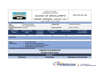 REPÚBLICA DEL ECUADOR
MINISTERIO DE EDUCACIÓN
COLEGIO DE BACHILLERATO
“JORGE ENRIQUE CHAVEZ CELI”
Jumón - Santa Rosa – El Oro – Ecuador
AÑO LECTIVO: 2022 - 2023
1. DATOS INFORMATIVOS:
ÁREA: CIENCIAS NATURALES ASIGNATURA: CIENCIAS NATURALES
DOCENTE: LIC. FLORISELVA FLORES
GRUPO/GRADO/CURSO NOVENO NIVEL EDUCATIVO BÁSICA SUPERIOR
TIEMPO:
Carga horaria
semanal
Nro. De semana de
trabajo
Evaluación del
aprendizaje e
imprevistos
Total, de semanas
de clase
Total, de periodos Nro. de unidades
microcurriculares
4 10 2 10 40 1
2.OBJETIVOS:
3. EJES
TRASVERSALES
 La interculturalidad
 Respeto a las variedades lingüísticas
 La formación de una ciudadanía democrática
 Respeto hacia las opiniones diversas
4. DESARROLLO DE UNIDADES DE PLANIFICACIÓN
SEMANAS DE DIAGNOSTICO
(9 hasta el 20 de mayo)
Semana 1
Destrezas Actividades Indicadores de Evaluación
 