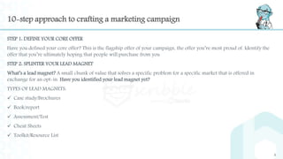 10-step approach to crafting a marketing campaign
STEP 1: DEFINE YOUR CORE OFFER
Have you defined your core offer? This is the flagship offer of your campaign, the offer you’re most proud of. Identify the
offer that you’re ultimately hoping that people will purchase from you
STEP 2: SPLINTER YOUR LEAD MAGNET
What’s a lead magnet? A small chunk of value that solves a specific problem for a specific market that is offered in
exchange for an opt-in. Have you identified your lead magnet yet?
TYPES OF LEAD MAGNETS:
 Case study/Brochures
 Book/report
 Assessment/Test
 Cheat Sheets
 Toolkit/Resource List
6
 