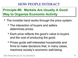 TEN PRINCIPLES OF ECONOMICS 19
HOW PEOPLE INTERACT
 The invisible hand works through the price system:
 The interaction of buyers and sellers
determines prices.
 Each price reflects the good’s value to buyers
and the cost of producing the good.
 Prices guide self-interested households and
firms to make decisions that, in many cases,
maximize society’s economic well-being.
Principle #6: Markets Are Usually A Good
Way to Organize Economic Activity
Principle #6: Markets Are Usually A Good
Way to Organize Economic Activity
 