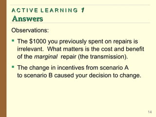 ACTIVE LEARNING

Answers

1

Observations:

 The $1000 you previously spent on repairs is
irrelevant. What matters is the cost and benefit
of the marginal repair (the transmission).

 The change in incentives from scenario A
to scenario B caused your decision to change.

14

 