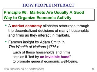 HOW PEOPLE INTERACT
Principle #6: Markets Are Usually A Good
Principle #6: Markets Are Usually A Good
Way to Organize Economic Activity
Way to Organize Economic Activity

 A market economy allocates resources through
the decentralized decisions of many households
and firms as they interact in markets.

 Famous insight by Adam Smith in
The Wealth of Nations (1776):
Each of these households and firms
acts as if “led by an invisible hand”
to promote general economic well-being.
TEN PRINCIPLES OF ECONOMICS

18

 