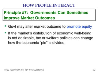 HOW PEOPLE INTERACT
Principle #7: Governments Can Sometimes
Principle #7: Governments Can Sometimes
Improve Market Outcomes
Improve Market Outcomes

 Govt may alter market outcome to promote equity
 If the market’s distribution of economic well-being
is not desirable, tax or welfare policies can change
how the economic “pie” is divided.

TEN PRINCIPLES OF ECONOMICS

22

 