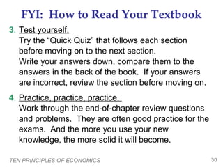 FYI: How to Read Your Textbook
3. Test yourself.
Try the “Quick Quiz” that follows each section
before moving on to the next section.
Write your answers down, compare them to the
answers in the back of the book. If your answers
are incorrect, review the section before moving on.
4. Practice, practice, practice.
Work through the end-of-chapter review questions
and problems. They are often good practice for the
exams. And the more you use your new
knowledge, the more solid it will become.
TEN PRINCIPLES OF ECONOMICS

30

 