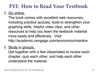 FYI: How to Read Your Textbook
5. Go online.
The book comes with excellent web resources,
including practice quizzes, tools to strengthen your
graphing skills, helpful video clips, and other
resources to help you learn the textbook material
more easily and effectively. Visit:
http://academic.cengage.com/economics/mankiw
6. Study in groups.
Get together with a few classmates to review each
chapter, quiz each other, and help each other
understand the material.
TEN PRINCIPLES OF ECONOMICS

31

 