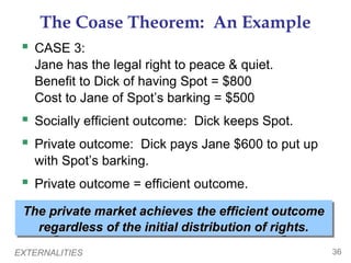 EXTERNALITIES 36
The Coase Theorem: An Example
 CASE 3:
Jane has the legal right to peace & quiet.
Benefit to Dick of having Spot = $800
Cost to Jane of Spot’s barking = $500
 Socially efficient outcome: Dick keeps Spot.
 Private outcome: Dick pays Jane $600 to put up
with Spot’s barking.
 Private outcome = efficient outcome.
The private market achieves the efficient outcome
The private market achieves the efficient outcome
regardless of the initial distribution of rights.
regardless of the initial distribution of rights.
The private market achieves the efficient outcome
The private market achieves the efficient outcome
regardless of the initial distribution of rights.
regardless of the initial distribution of rights.
 