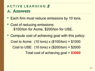 ACTIVE LEARNING          2
A. Answers
 Each firm must reduce emissions by 10 tons.
 Cost of reducing emissions:
    $100/ton for Acme, $200/ton for USE.
 Compute cost of achieving goal with this policy:
  Cost to Acme: (10 tons) x ($100/ton) = $1000
   Cost to USE: (10 tons) x ($200/ton) = $2000
           Total cost of achieving goal = $3000



                                                     23
 