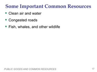 PUBLIC GOODS AND COMMON RESOURCES 17
Some Important Common Resources
 Clean air and water
 Congested roads
 Fish, whales, and other wildlife
 