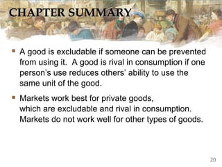 CHAPTER SUMMARY
 A good is excludable if someone can be prevented
from using it. A good is rival in consumption if one
person’s use reduces others’ ability to use the
same unit of the good.
 Markets work best for private goods,
which are excludable and rival in consumption.
Markets do not work well for other types of goods.
20
 