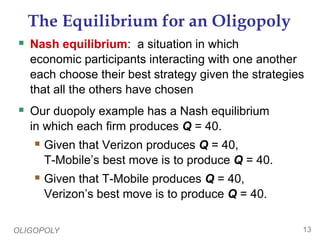 OLIGOPOLY 13
The Equilibrium for an Oligopoly
 Nash equilibrium: a situation in which
economic participants interacting with one another
each choose their best strategy given the strategies
that all the others have chosen
 Our duopoly example has a Nash equilibrium
in which each firm produces Q = 40.
 Given that Verizon produces Q = 40,
T-Mobile’s best move is to produce Q = 40.
 Given that T-Mobile produces Q = 40,
Verizon’s best move is to produce Q = 40.
 