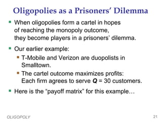OLIGOPOLY 21
Oligopolies as a Prisoners’ Dilemma
 When oligopolies form a cartel in hopes
of reaching the monopoly outcome,
they become players in a prisoners’ dilemma.
 Our earlier example:
 T-Mobile and Verizon are duopolists in
Smalltown.
 The cartel outcome maximizes profits:
Each firm agrees to serve Q = 30 customers.
 Here is the “payoff matrix” for this example…
 